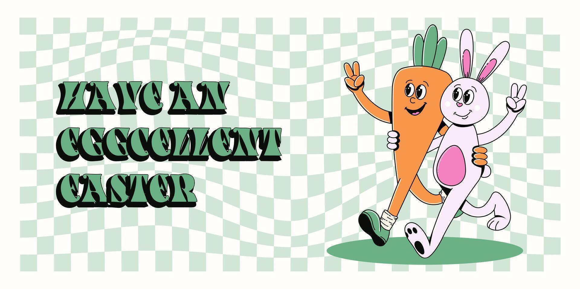 Groovy hippie contento Pasqua striscione, sfondo, manifesto. Pasqua coniglio con carota, saluto testo. vettore illustrazione di cartone animato personaggio e tipografia nel di moda retrò 60s 70s stile.