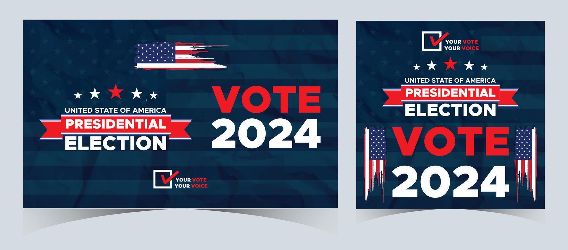 impostato di votazione 2024. presidenziale elezione giorno nel unito stati. elezione 2024 Stati Uniti d'America. politico elezione campagna striscione. sfondo, inviare, striscione, carta, manifesto design con votazione giorno novembre 5 noi vettore