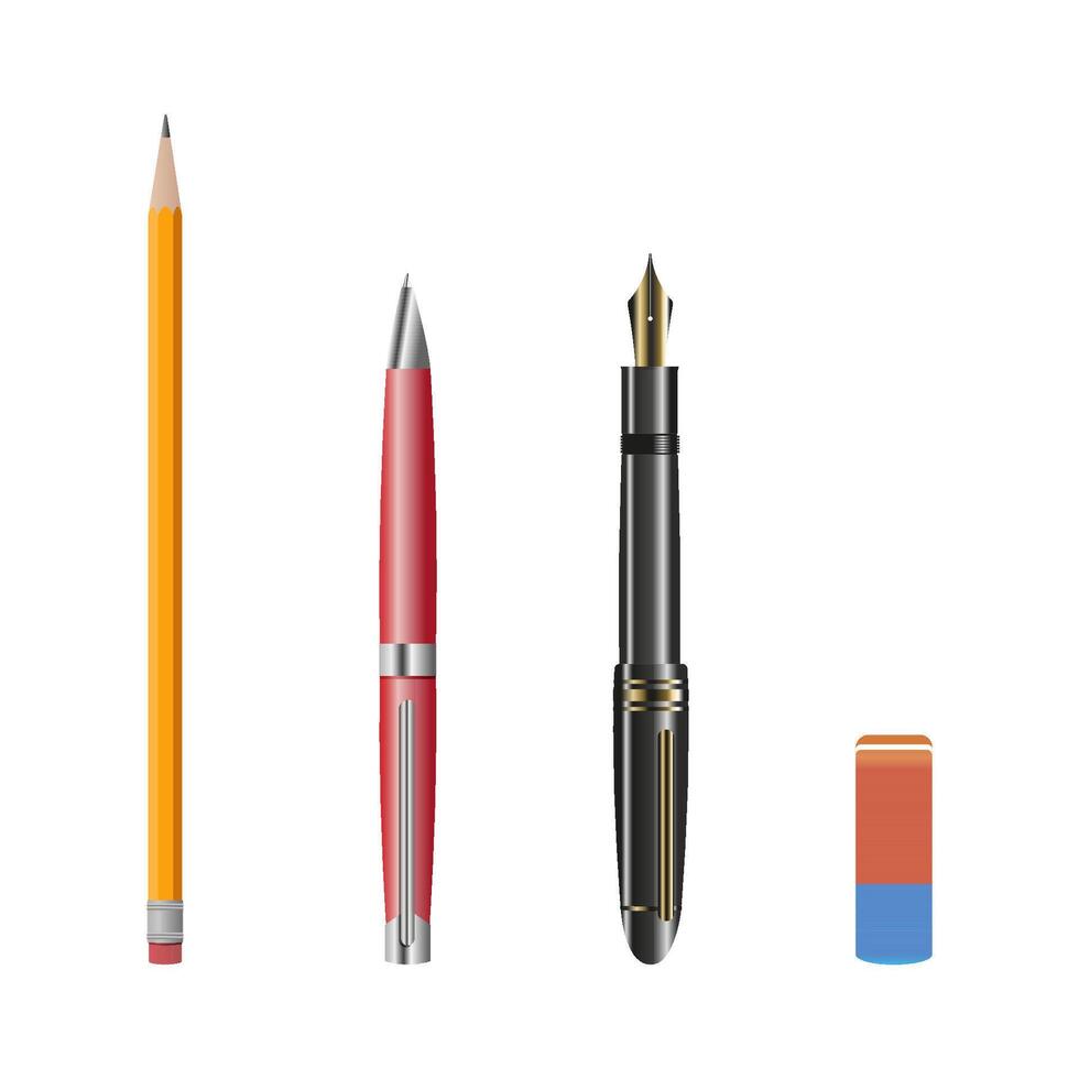vettore matita, gel penna, Fontana penna e gomma per cancellare su un' bianca sfondo. un' impostato per disegno.