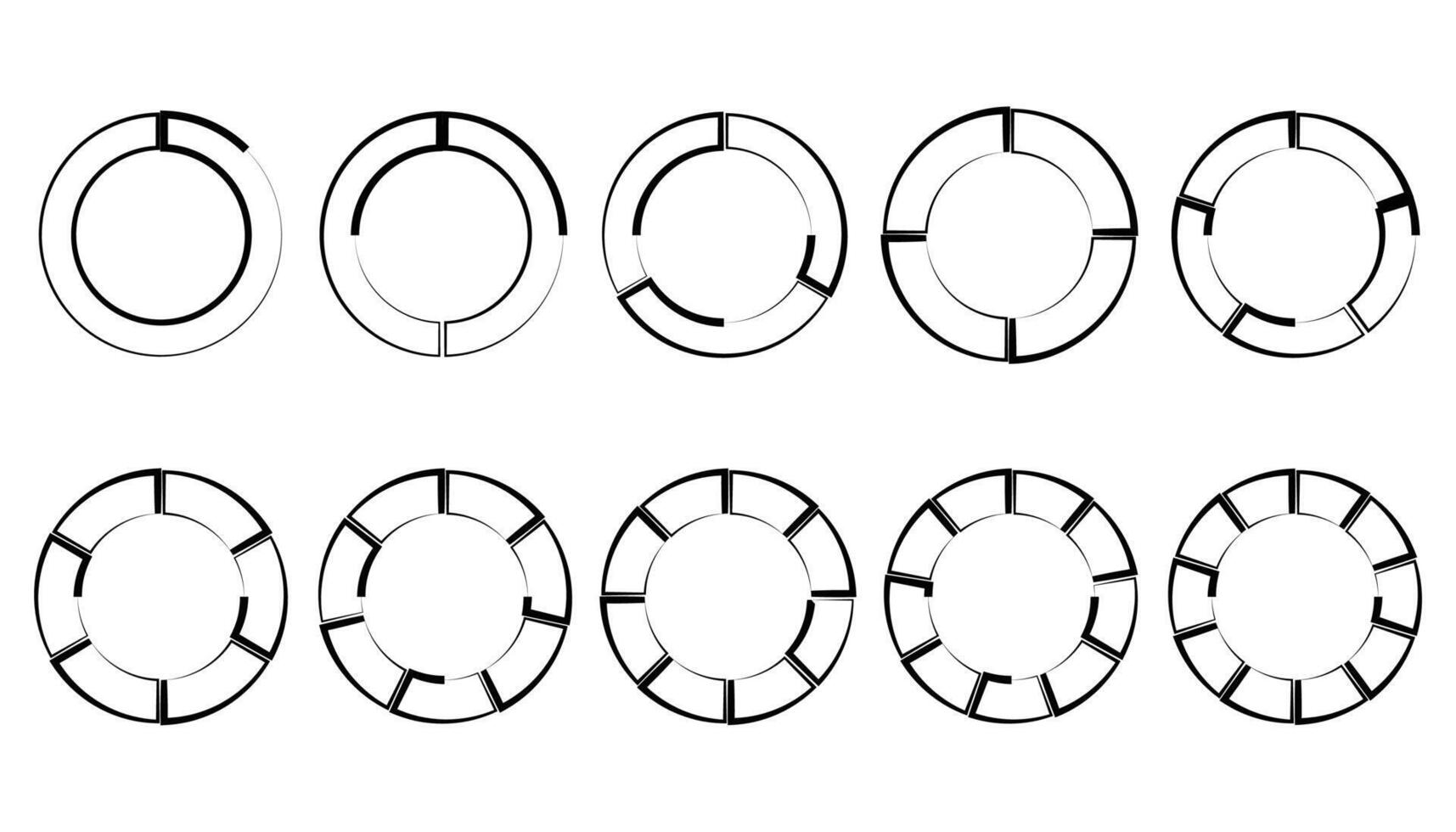 impostato di diverso cerchi torta grafici diagrammi. vario settori dividere il cerchio in pari parti. vettore