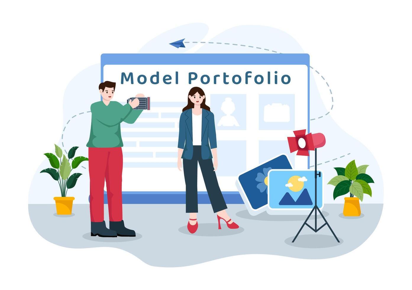 modello portafoglio vettore illustrazione con modellismo agenzia manager e fotografo prendere fotografie di modello nel piattaforma piatto cartone animato sfondo design