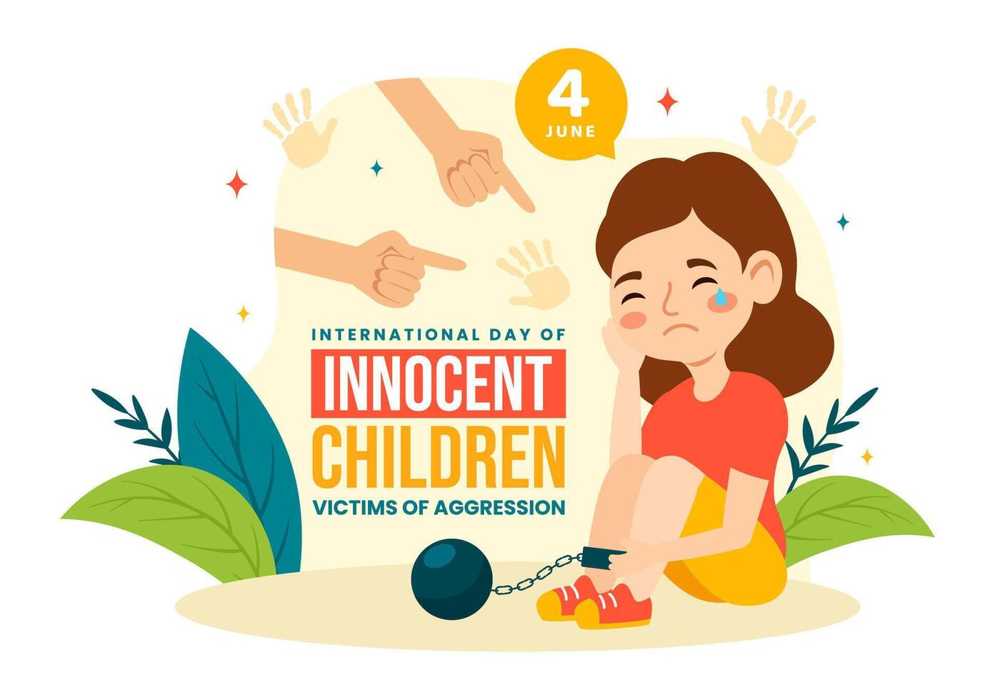 internazionale giorno di innocente bambini vittime di aggressione vettore illustrazione su 4 giugno con bambini triste pensieroso e grida nel piatto cartone animato sfondo