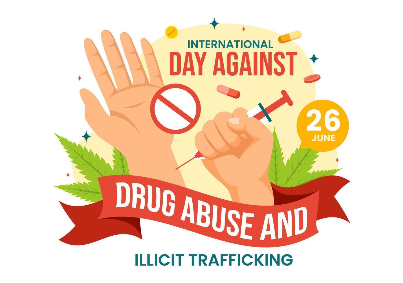 internazionale giorno contro droga abuso e illecito traffico vettore illustrazione con anti narcotici per evitare farmaci e medicinali nel piatto sfondo