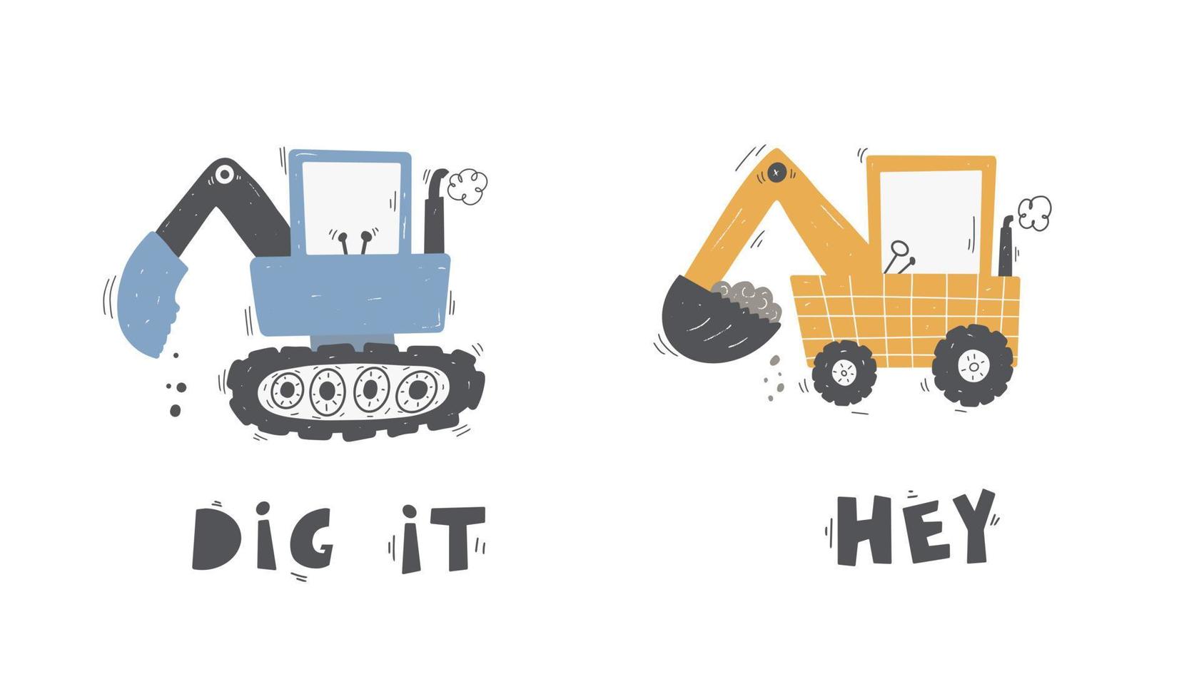 simpatici camion e escavatori per bambini in stile scandinavo su sfondo bianco. attrezzature edili. trasporto di costruzione divertente. vettore