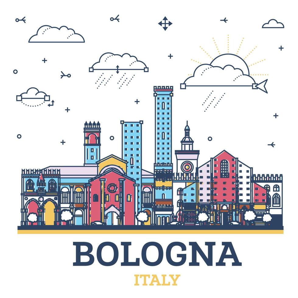 schema bologna Italia città orizzonte con storico edifici isolato su bianca. bologna paesaggio urbano con punti di riferimento. vettore