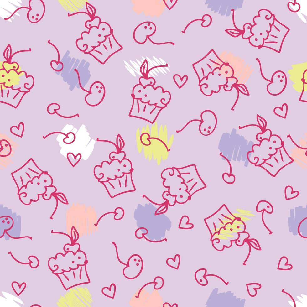 doodle seamless di muffin dolci e ciliegie. vettore