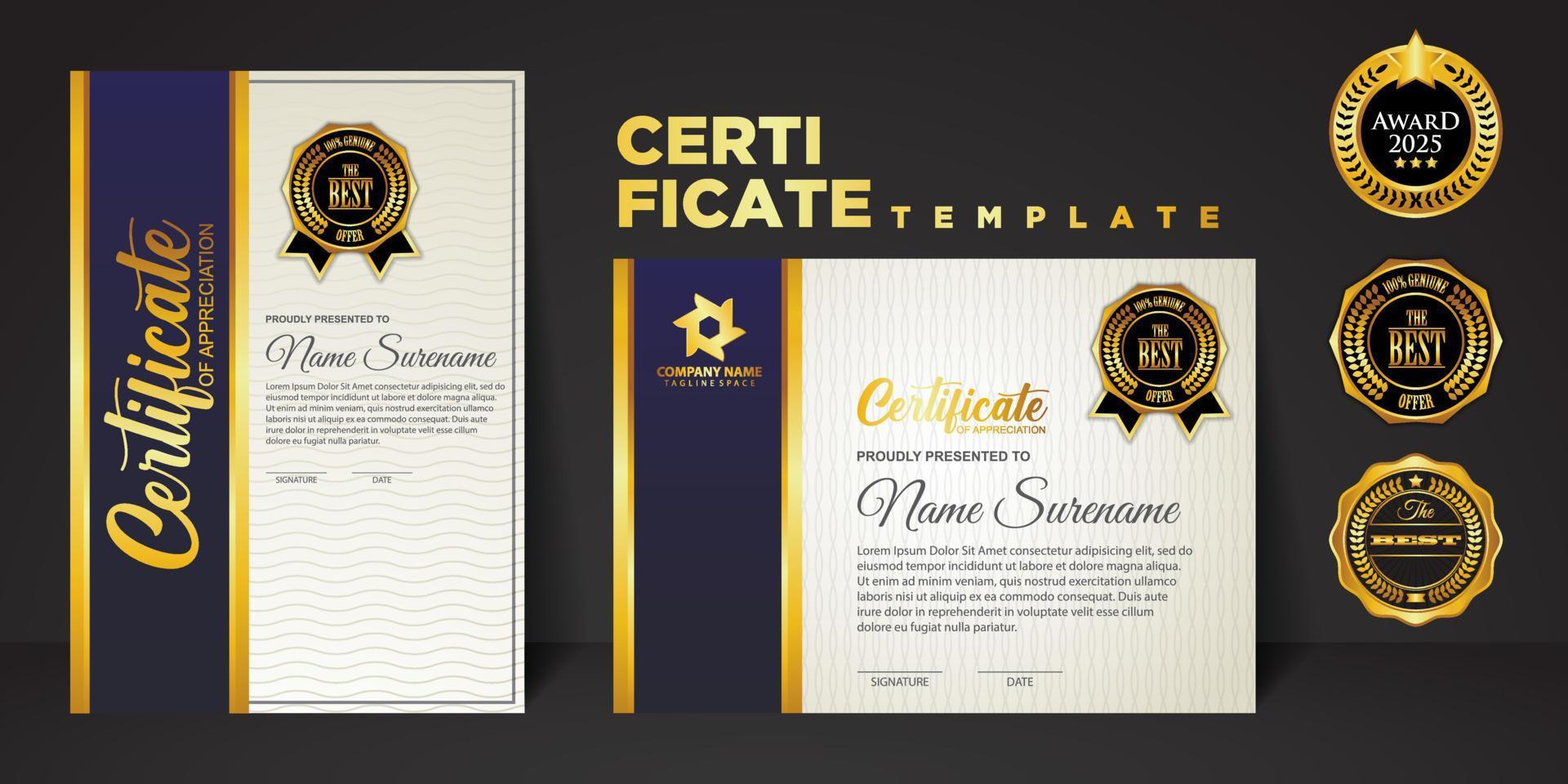 imposta il modello di certificato verticale e orizzontale con la trama dell'ornamento della linea del nastro e il colore di sfondo moderno. confine del certificato. vettore