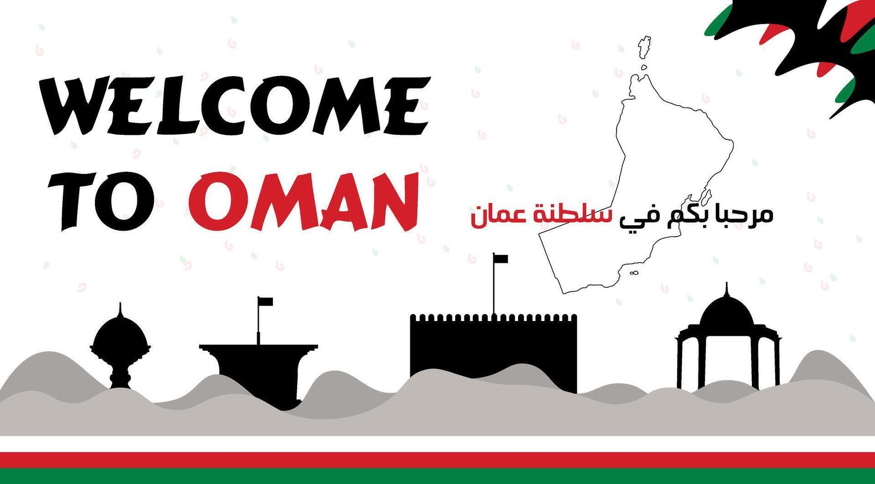 design per benvenuto per Oman, con icone di famoso posti moscato, nizwa, matrah vettore