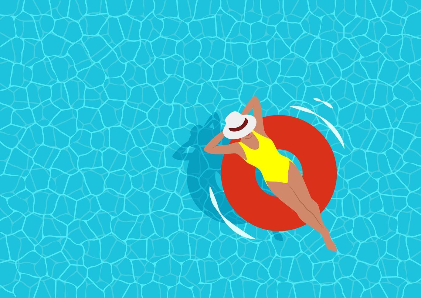 vettore illustrazione di un' nuoto piscina con blu acqua, superiore Visualizza. un' abbronzato donna galleggia su un gonfiabile squillo.