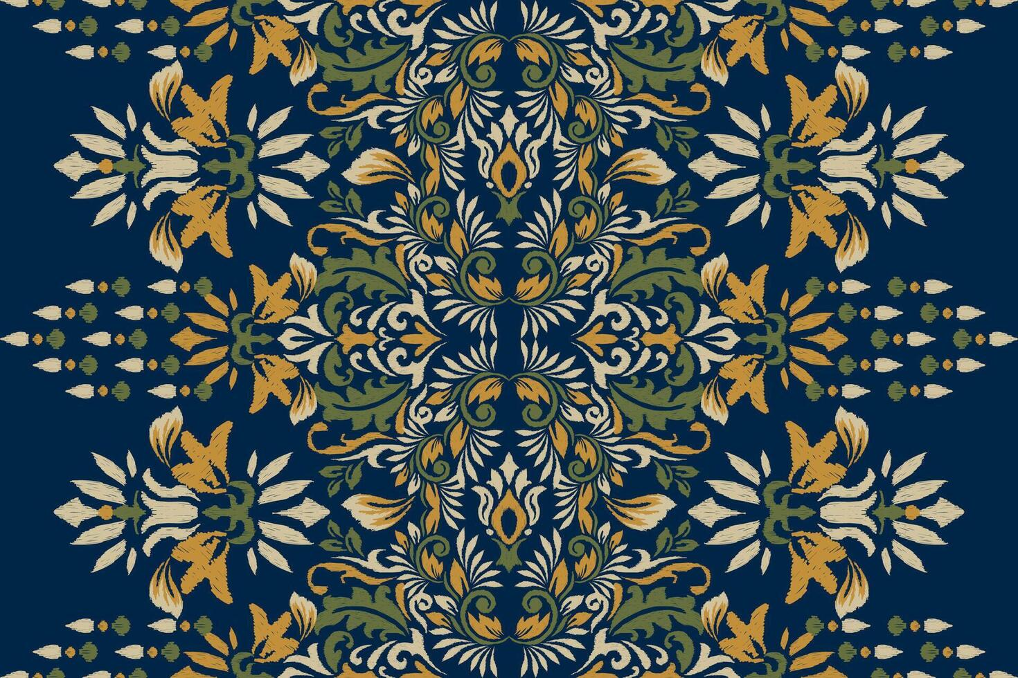 arabesco ikat floreale modello su Marina Militare blu sfondo.ikat etnico orientale ricamo vettore illustrazione, azteco stile, astratto sfondo.design per trama, tessuto, abbigliamento, avvolgimento, decorazione, sciarpa.