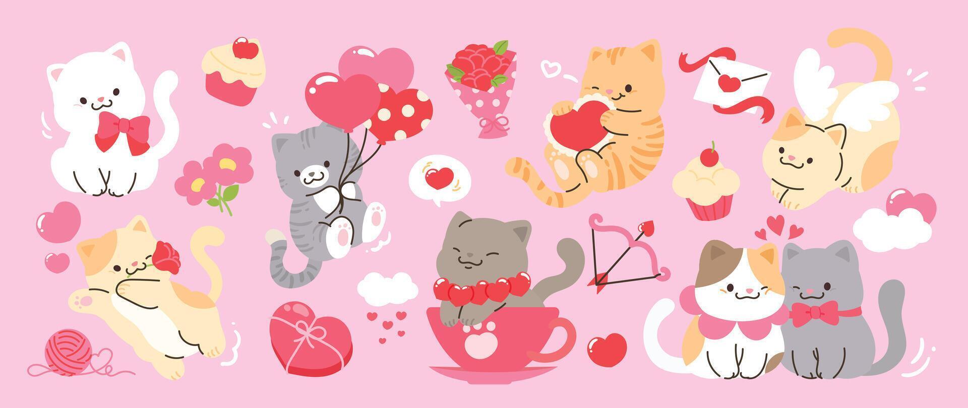 carino gatti nel San Valentino giorno bello animale domestico vettore. collezione di gatti con poco cuore, fiore, Palloncino. adorabile animale personaggi per clipart, decorazione, stampe, coperchio, saluto carta, etichetta, striscione. vettore