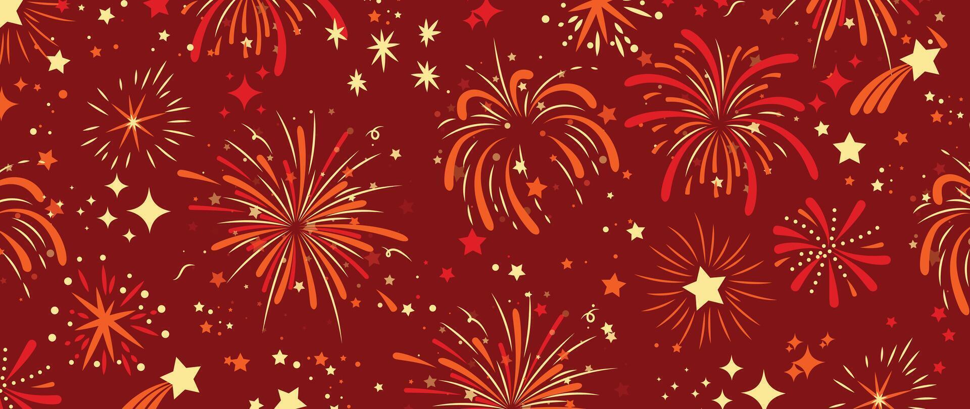 Festival Cinese fondale vettore. contento Cinese nuovo anno sfondo design con d'oro fuochi d'artificio su rosso sfondo. moderno lusso orientale illustrazione per coperchio, striscione, sito web, arredamento, annuncio. vettore