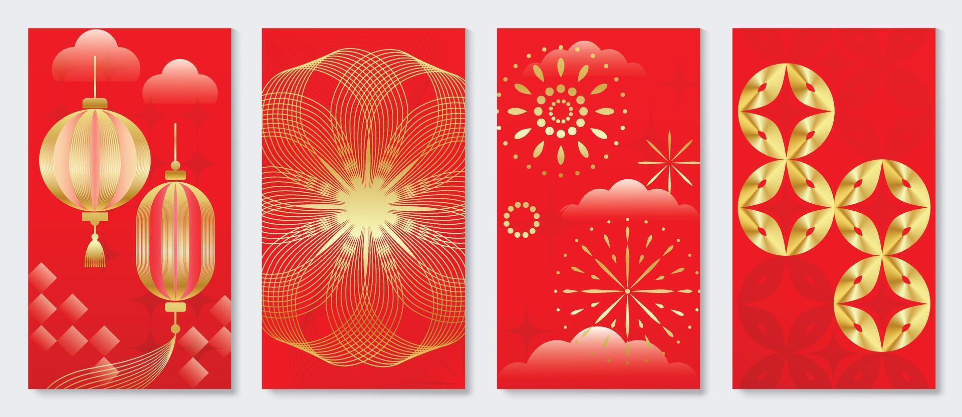 Cinese nuovo anno copertina sfondo vettore. lusso sfondo design con Cinese modello, fiore, fuochi d'artificio, lanterna. moderno orientale illustrazione per coperchio, striscione, sito web, sociale media. vettore