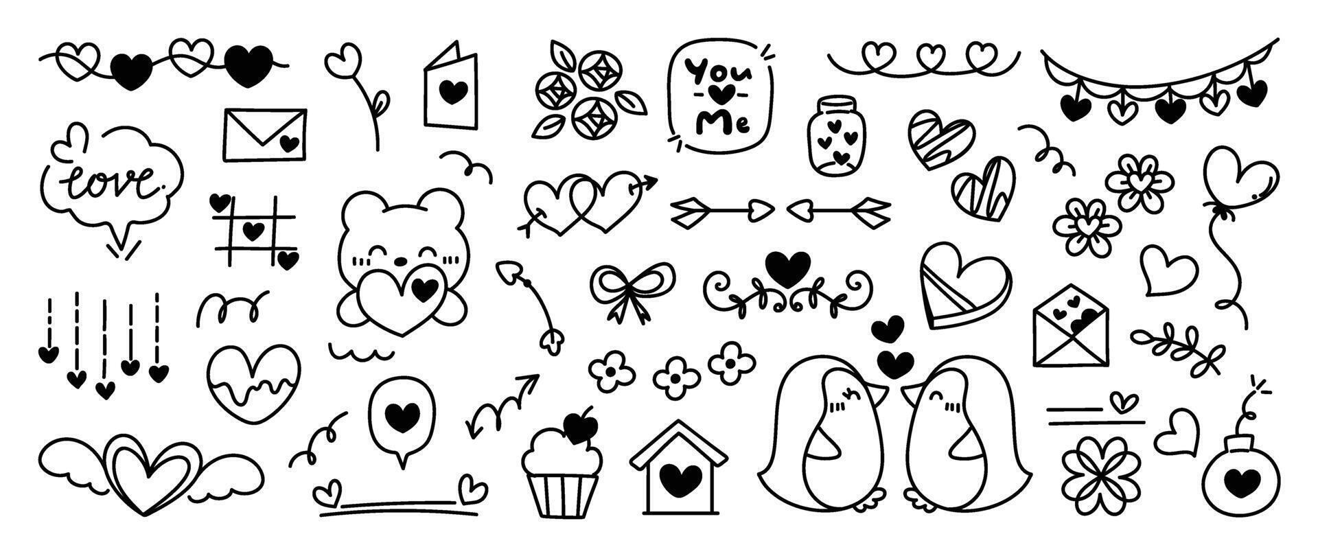 impostato di San Valentino scarabocchio elemento vettore. mano disegnato scarabocchio stile collezione di cuore, freccia, pinguino, orso, cupcake, nastro, bomba, fiore. design per Stampa, cartone animato, decorazione, etichetta, clipart. vettore