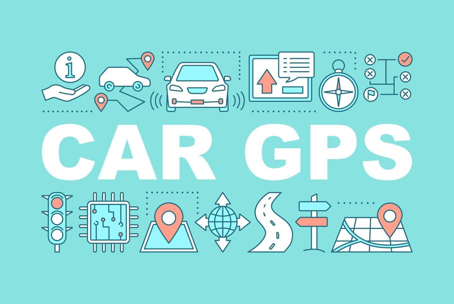 banner di concetti di parola sistema gps per auto. navigazione gps. Mappatura. ricerca del percorso. idea di tipografia scritta isolata con icone lineari. illustrazione di contorno vettoriale