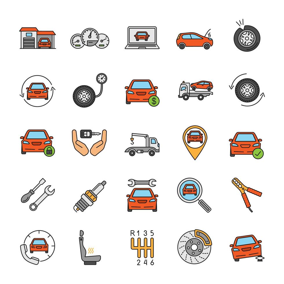 set di icone di colore di officina automatica. servizio auto. strumenti, attrezzature e pezzi di ricambio. illustrazioni vettoriali isolate