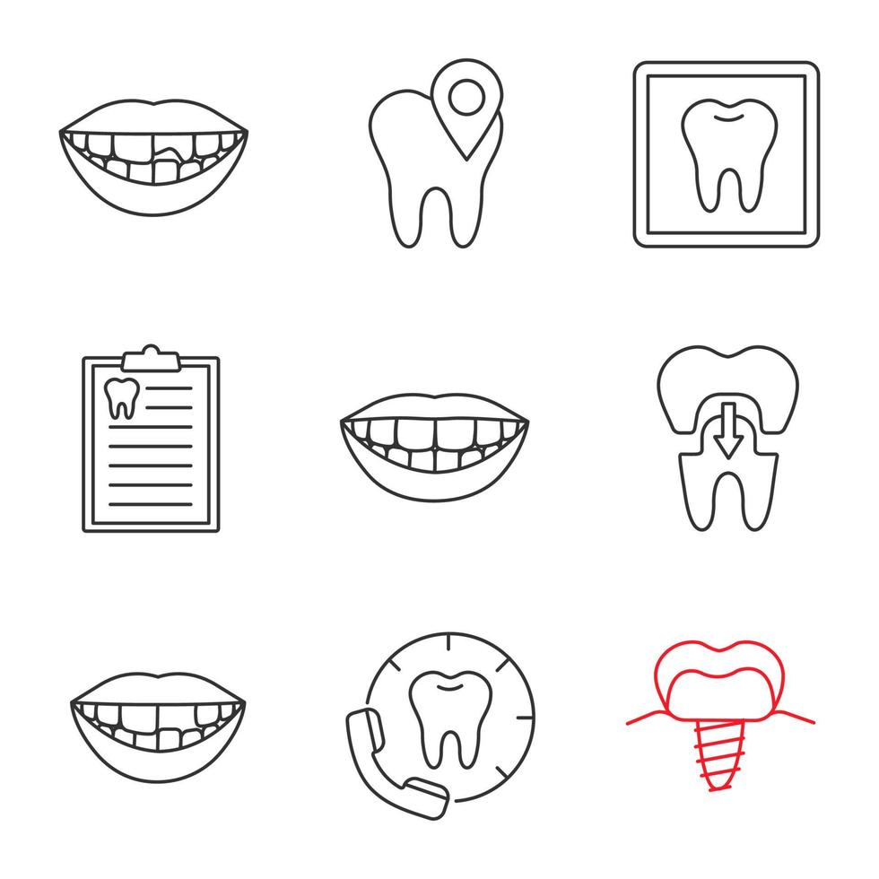 set di icone lineari di odontoiatria. denti rotti e mancanti, posizione della clinica, radiografia, referto diagnostico, sorriso, corona, chiamata al dentista, impianto. simboli di contorno linea sottile. illustrazione di contorno vettoriale isolato