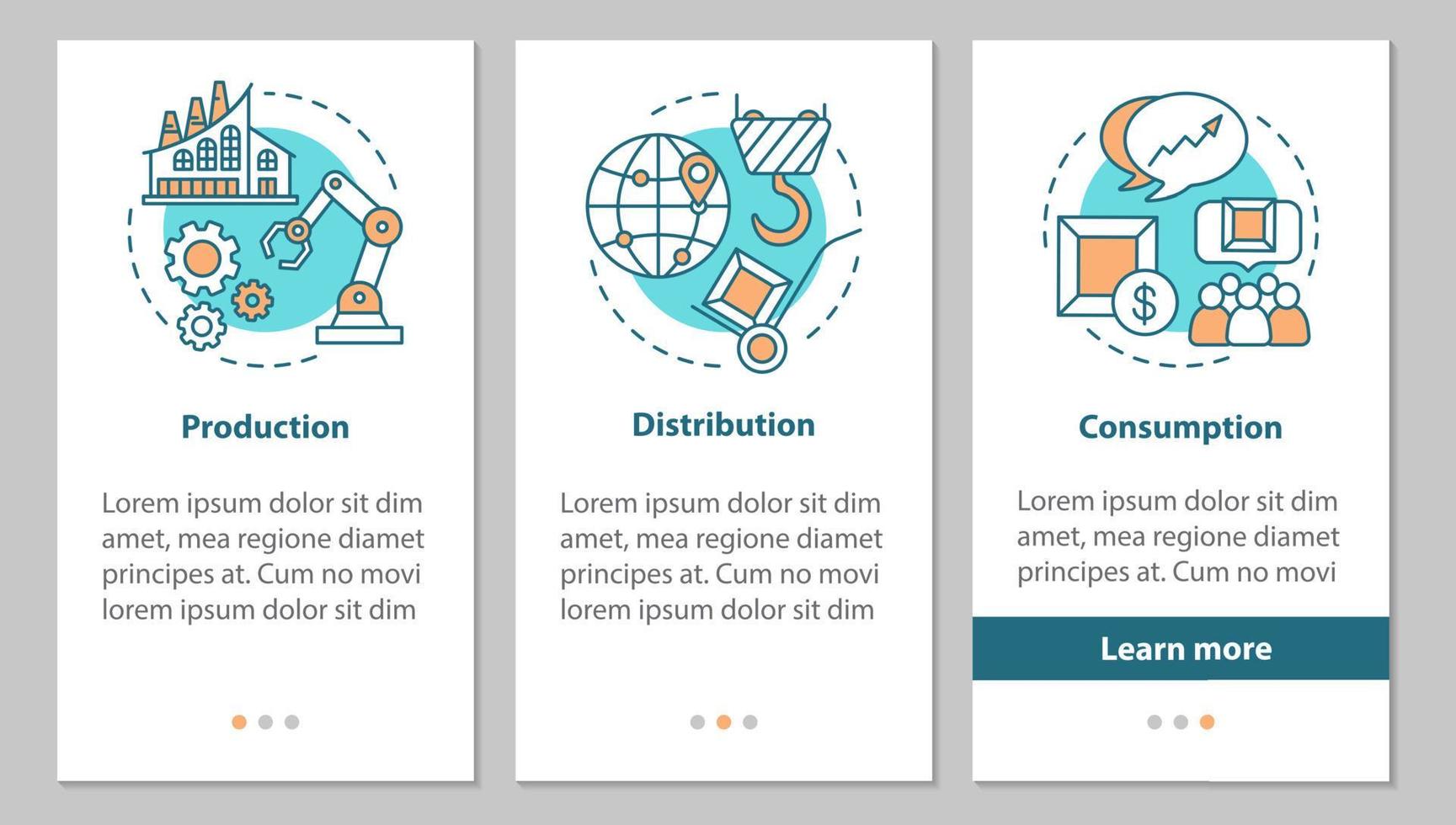 schermata della pagina dell'app mobile di onboarding del settore industriale con concetto lineare. produzione. istruzioni grafiche fasi di produzione, distribuzione, consumo. ux, ui, gui modello vettoriale con illustrazioni