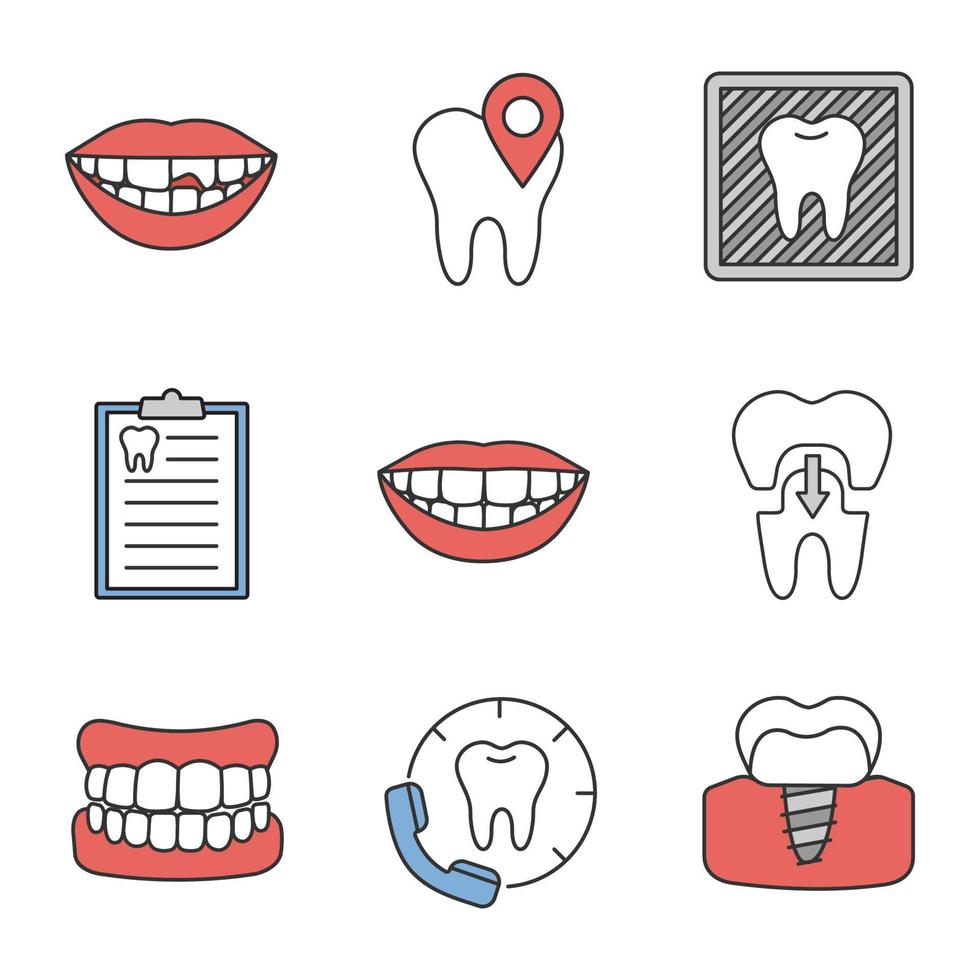 set di icone di colore di odontoiatria. dente rotto, posizione della clinica odontoiatrica, immagine a raggi X, referto diagnostico, sorriso sano, corona, protesi, chiamata al dentista, impianto. illustrazioni vettoriali isolate