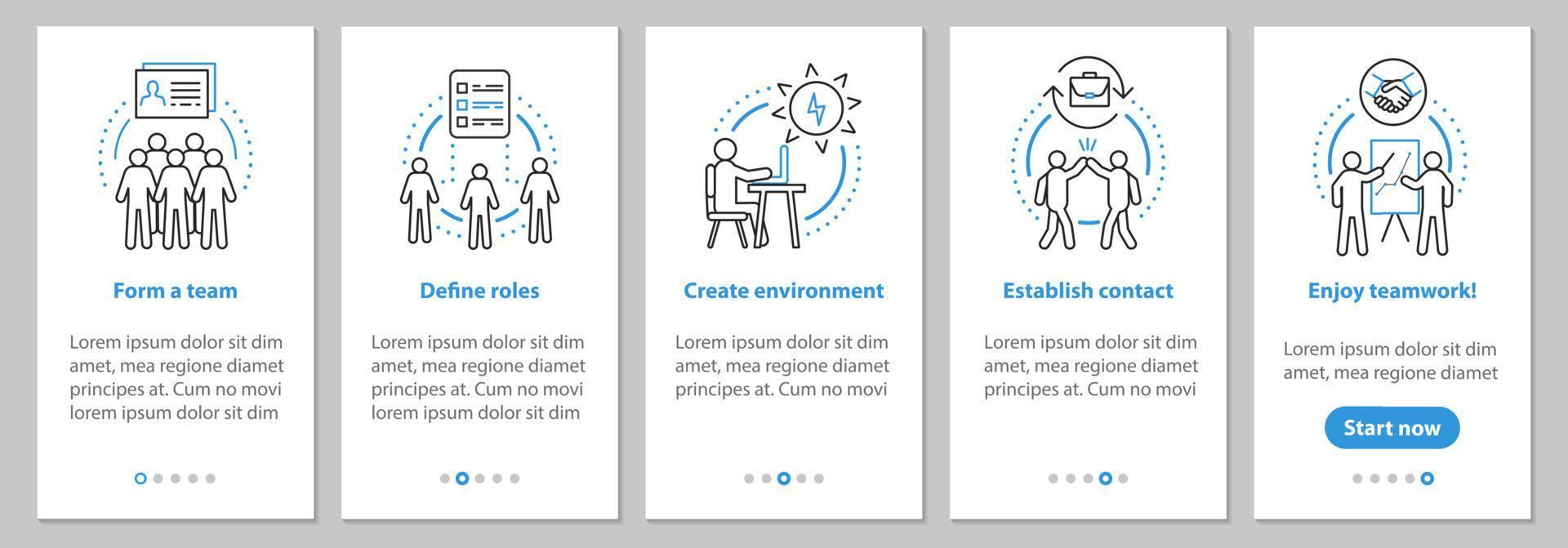 squadra che raccoglie la schermata della pagina dell'app mobile di onboarding con concetti lineari. lavoro di squadra, istruzioni grafiche di coworking. ux, ui, gui modello vettoriale con illustrazioni