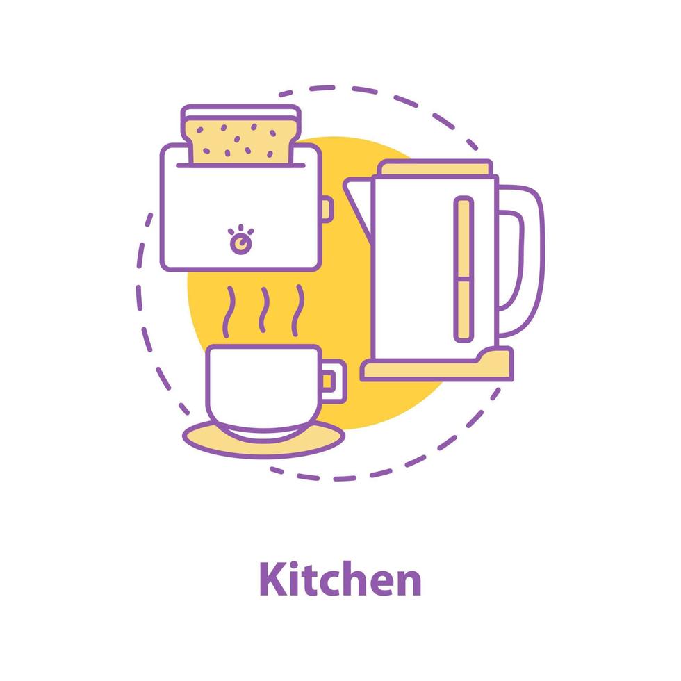 icona del concetto di elettrodomestici da cucina. illustrazione di linea sottile idea colazione. bollitore elettrico, tostapane e tazza con bevanda calda. disegno vettoriale isolato contorno