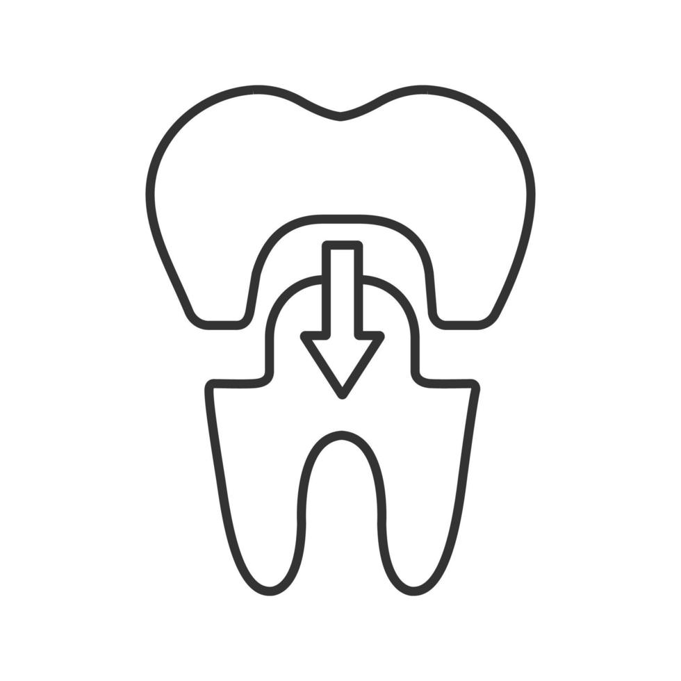 corona dentale con icona lineare freccia giù. illustrazione di linea sottile. restauro del dente. simbolo di contorno. disegno vettoriale isolato contorno