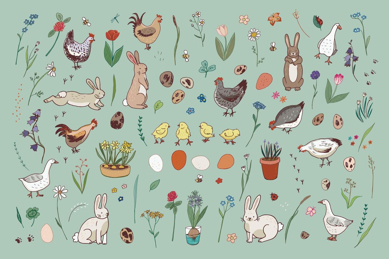 Pasqua conigli, uova e fiori vettore illustrazioni impostato