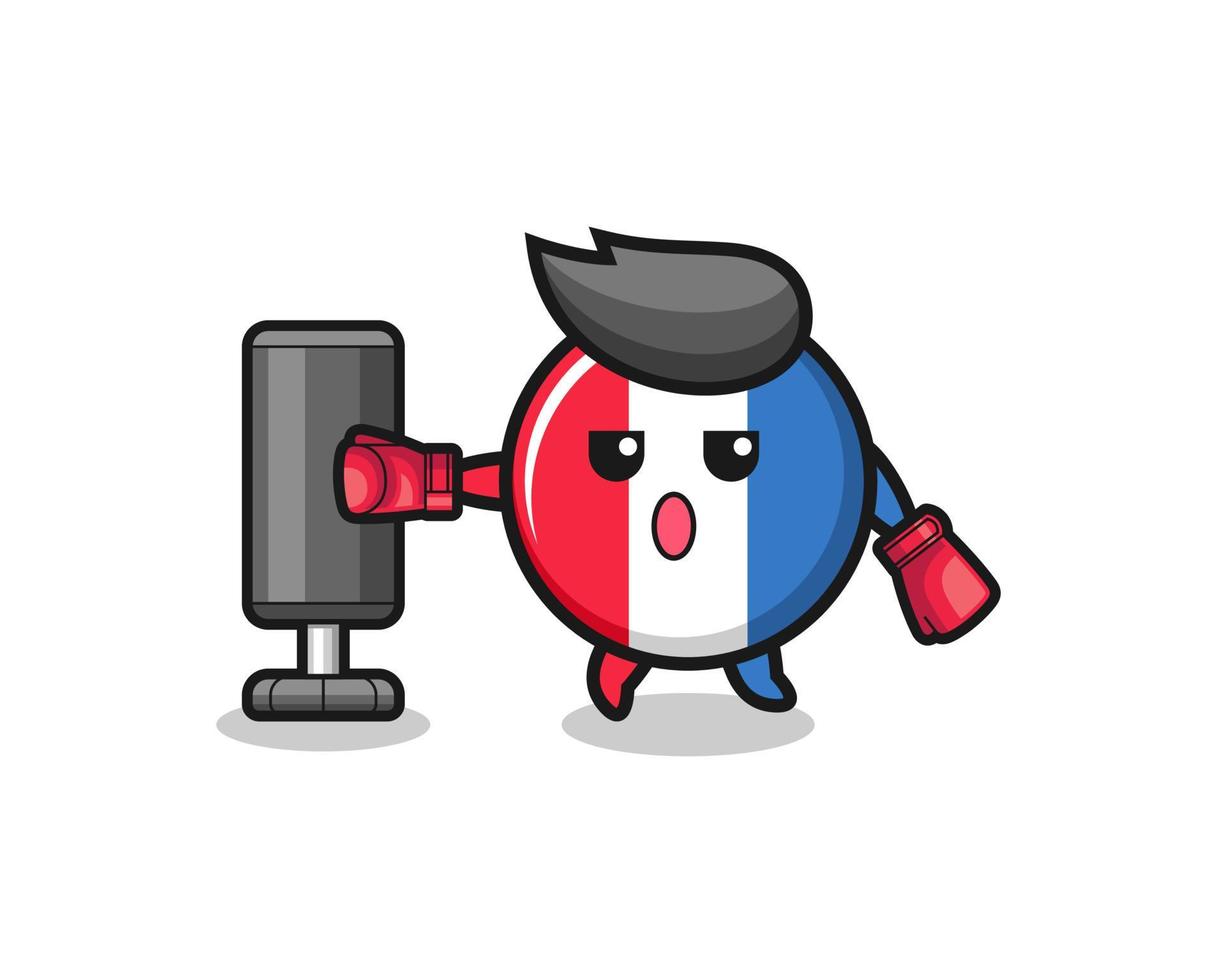 cartone animato pugile bandiera della francia che si allena con il sacco da boxe vettore