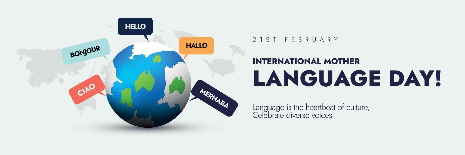 internazionale madre linguaggio giorno. 21 febbraio internazionale madre linguaggio giorno celebrazione copertina bandiera con terra globo e saluti nel diverso le lingue per promuovere linguistico e diversità. vettore