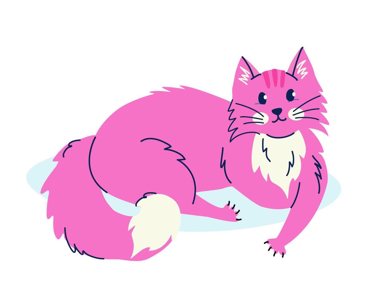 carino dire bugie rosa gatto nel piatto cartone animato stile. vettore isolato mano disegnato illustrazione per etichetta, striscione, manifesto, cartolina
