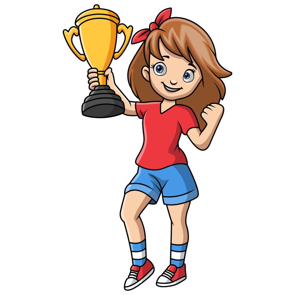 carino poco ragazza cartone animato Tenere oro trofeo vettore