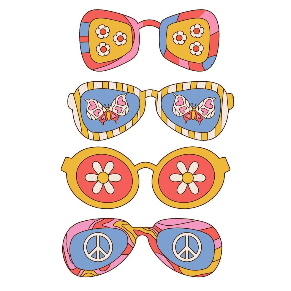 Groovy occhiali da sole impostato nel retrò 70s hippie stile . geometrico astratto occhiali nel diverso le forme con margherita fiori, farfalla e pace cartello per Stampa. lineare mano disegnato vettore illustrazione.