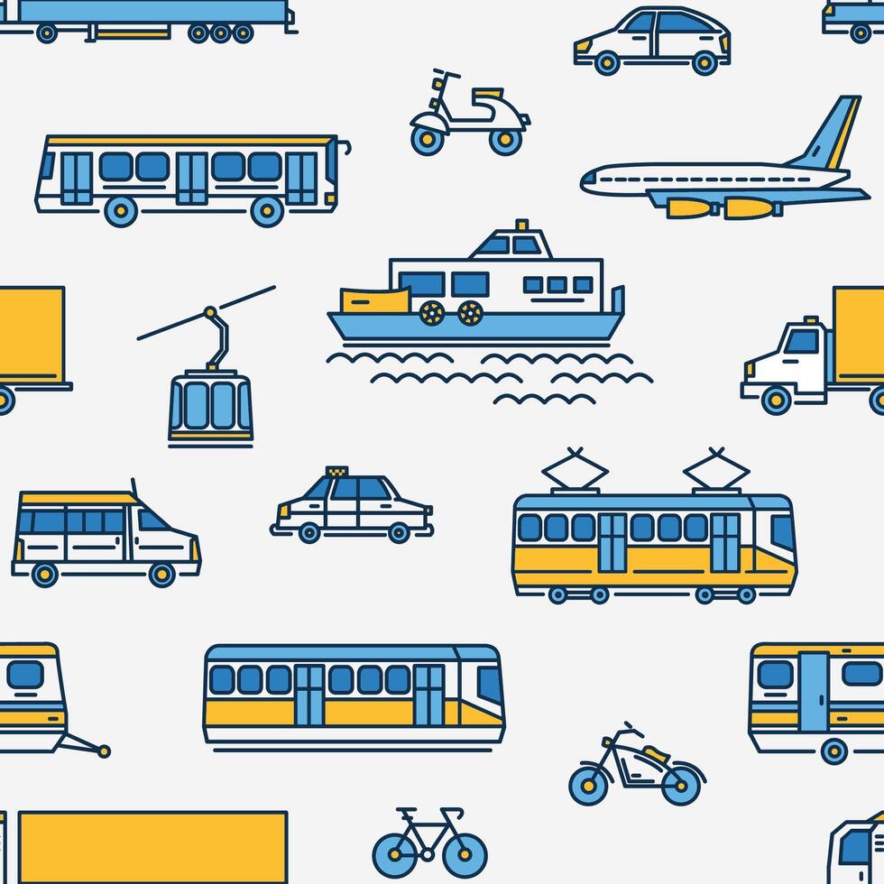 senza soluzione di continuità modello con trasporto di diverso tipi su bianca sfondo. vettore illustrazione nel linea arte stile per sito web sfondo, annuncio.