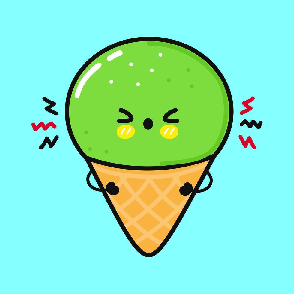 arrabbiato pistacchio ghiaccio crema carattere. vettore mano disegnato cartone animato kawaii personaggio illustrazione icona. isolato su blu sfondo. triste pistacchio ghiaccio crema personaggio concetto