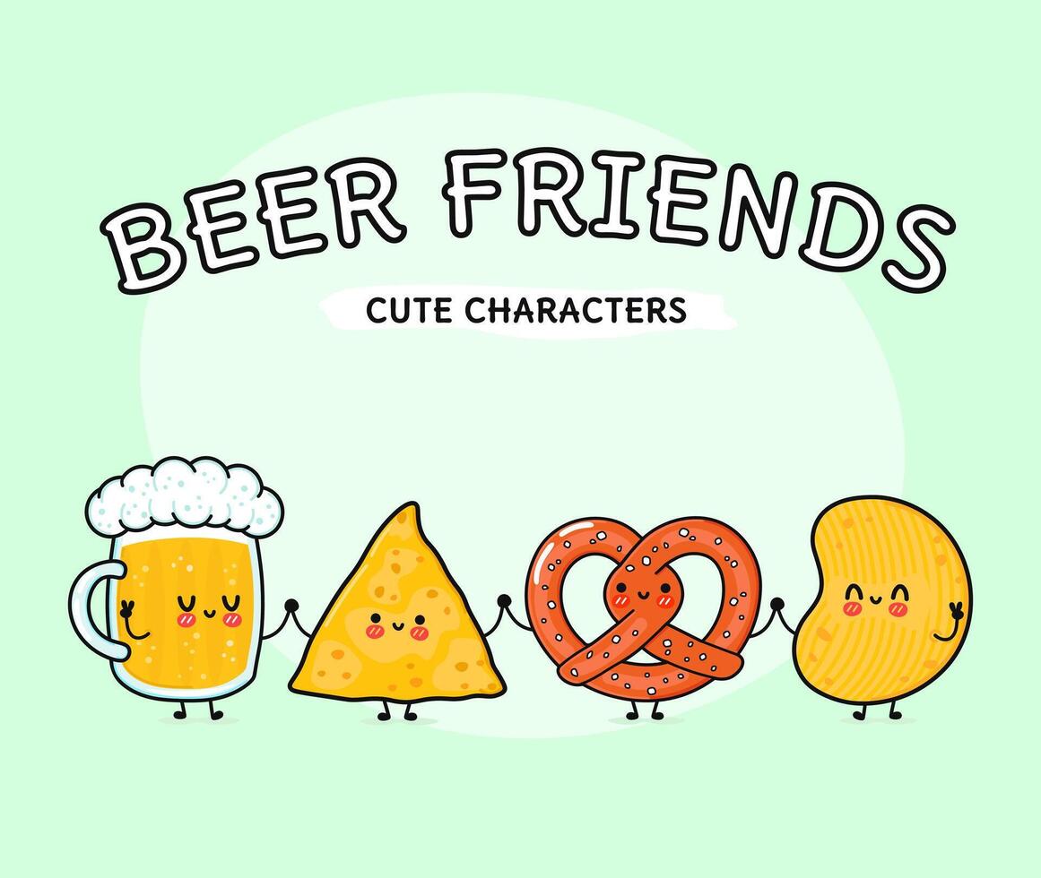 carino, divertente bicchiere di birra, nachos, patatine, pretzel. personaggi kawaii del fumetto disegnato a mano di vettore, icona dell'illustrazione. divertente cartone animato bicchiere di birra, nachos pretzel patatine mascotte amici concetto vettore