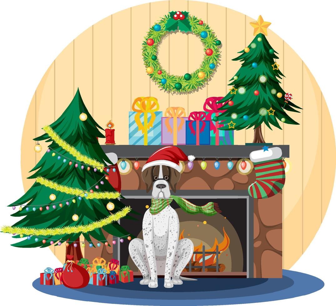 caminetto con cane e addobbi natalizi vettore