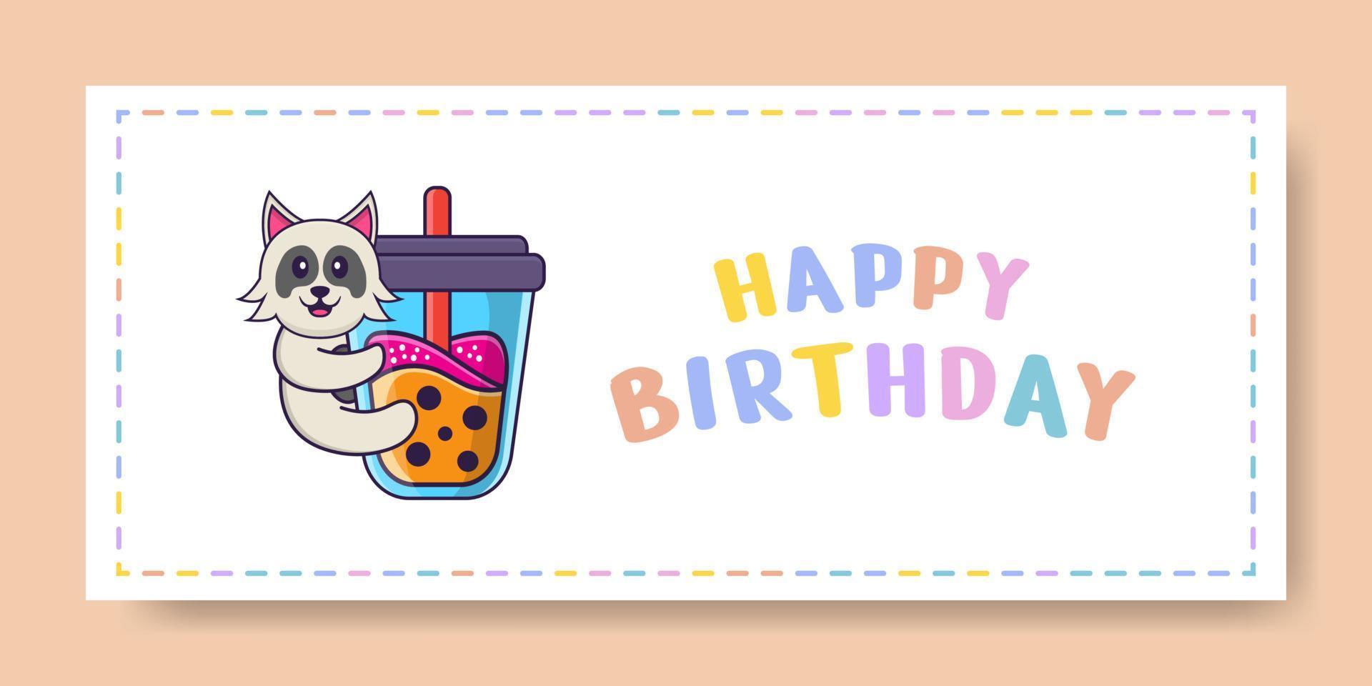 banner di buon compleanno con simpatico personaggio dei cartoni animati di cane. illustrazione vettoriale