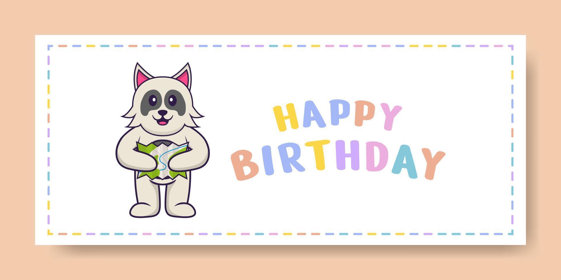 banner di buon compleanno con simpatico personaggio dei cartoni animati di cane. illustrazione vettoriale