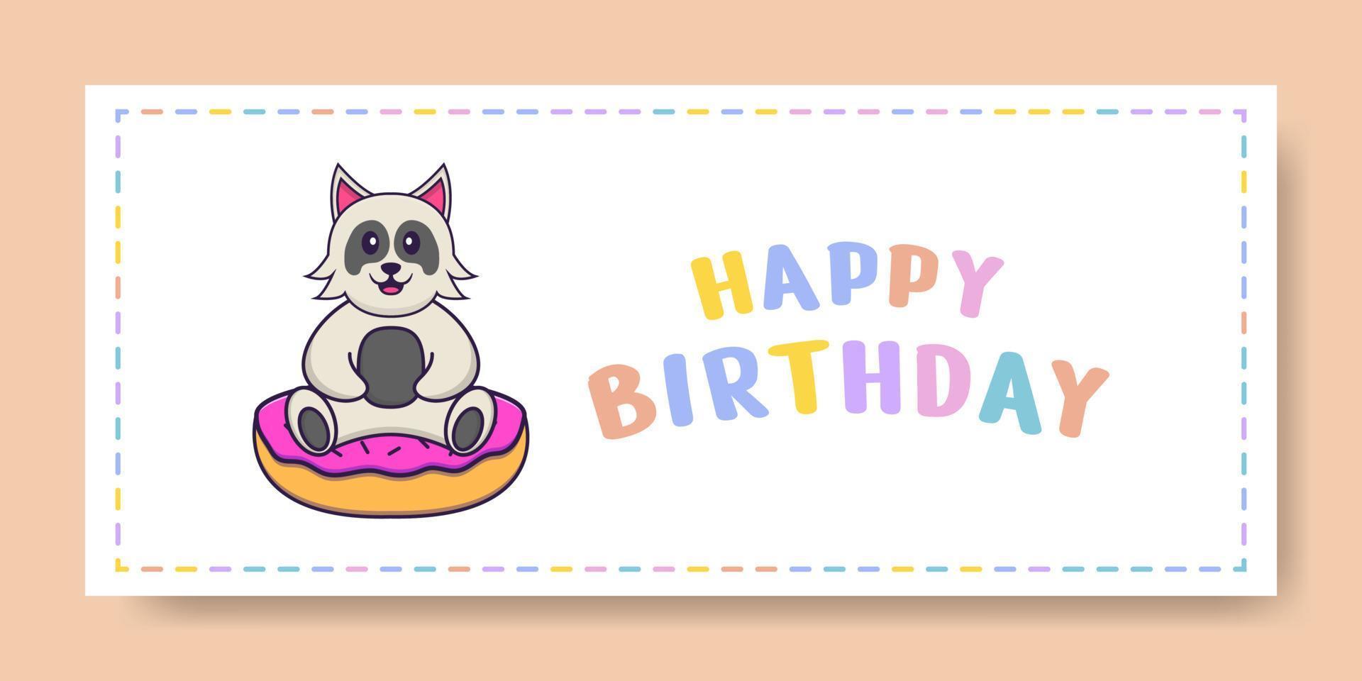 banner di buon compleanno con simpatico personaggio dei cartoni animati di cane. illustrazione vettoriale