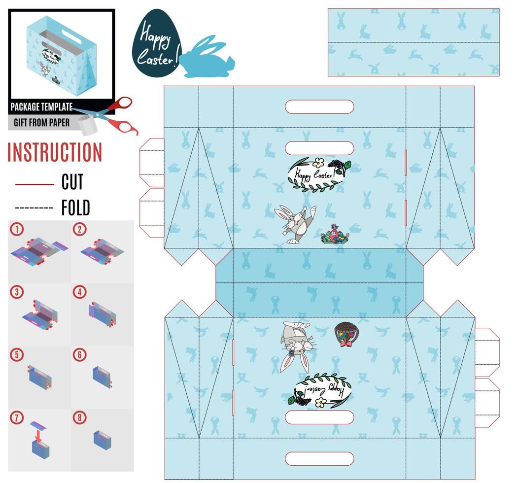 modello di scatola di pasqua con coniglietto e uova dipinte vettore