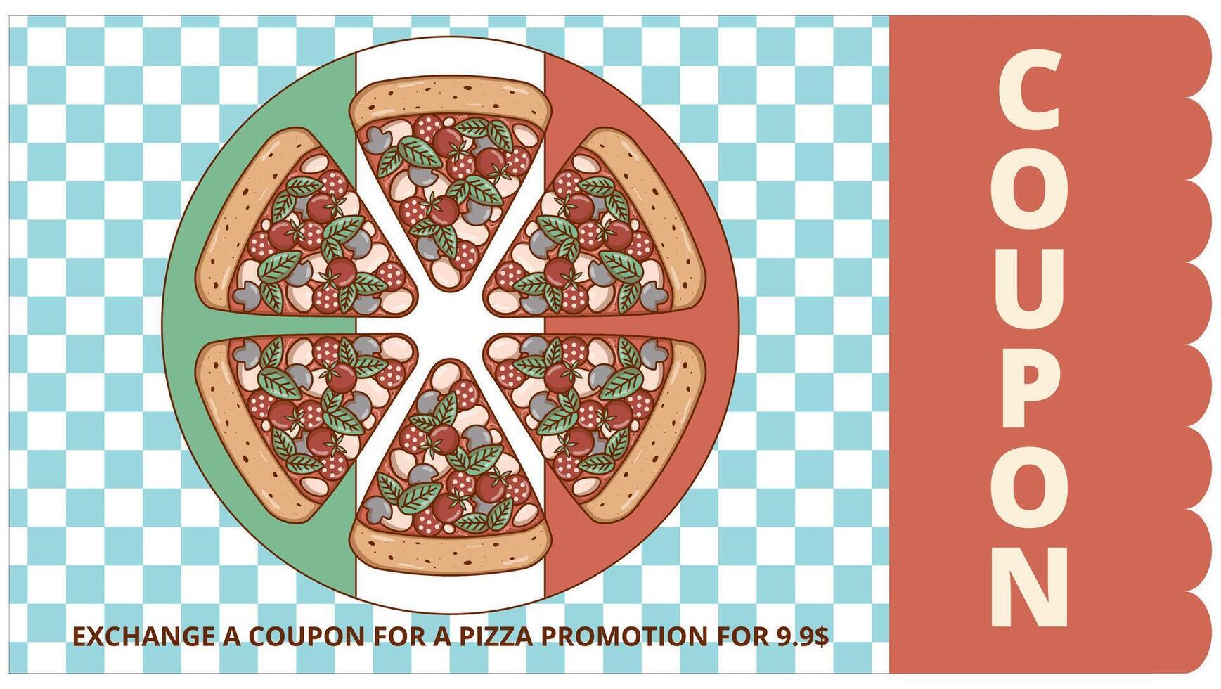 italiano veloce cibo pezzo Pizza. buono promozione, sconto striscione, regalo voucher; tagliando. retrò colori. piatto stile. vettore illustrazione.