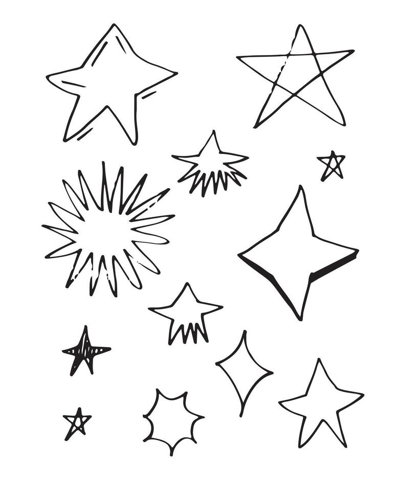 set di stelle disegnate a mano. raccolta di scarabocchi di stelle su sfondo bianco. vettore