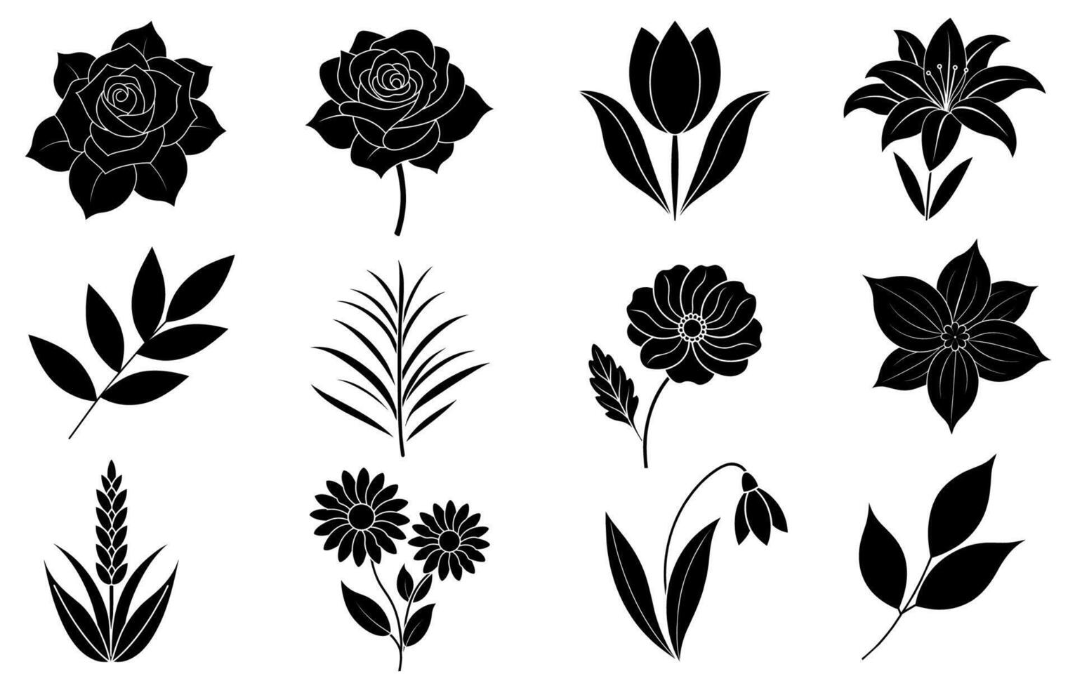 collezione di silhouette fiore e foglia elementi vettore