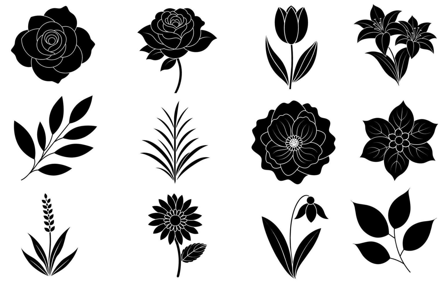 collezione di silhouette fiore e foglia elementi vettore