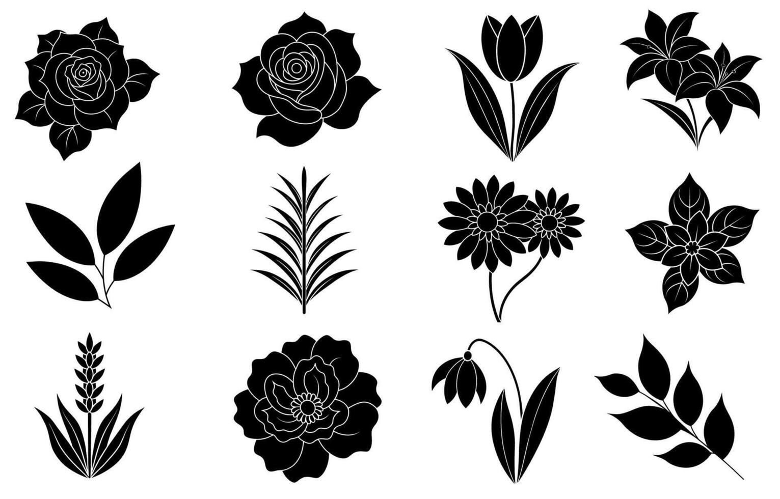 collezione di silhouette fiore e foglia elementi vettore