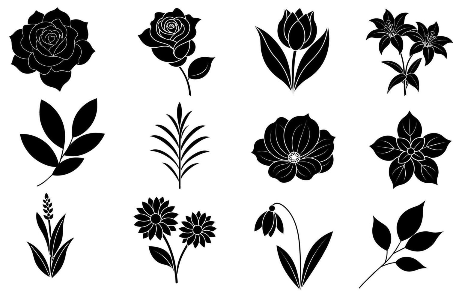 collezione di silhouette fiore e foglia elementi vettore