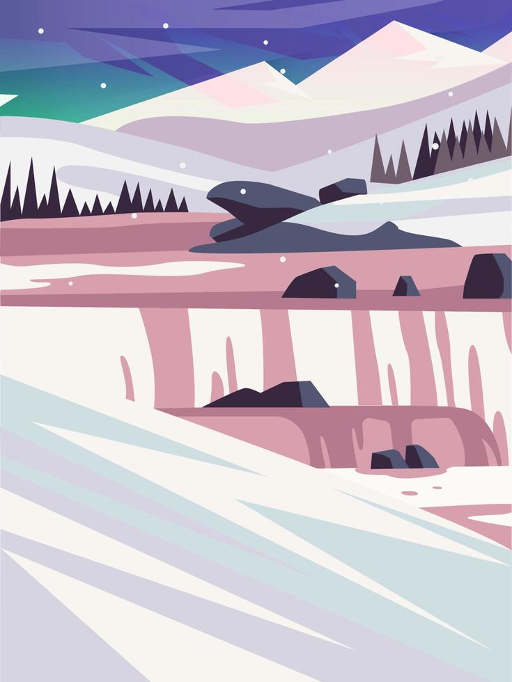 bellissimo scenario del paesaggio naturale in inverno con neve, foresta, montagne e cabina. illustrazione vettoriale di sfondo banner