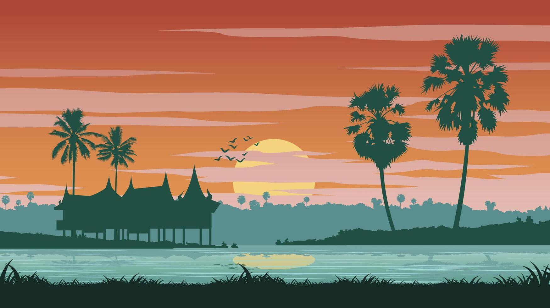 tailandese rurale vita e stagno su tramonto tempo con palma albero vettore