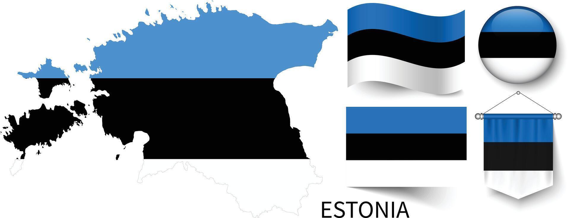 il vario modelli di il Estonia nazionale bandiere e il carta geografica di il Estonia frontiere vettore