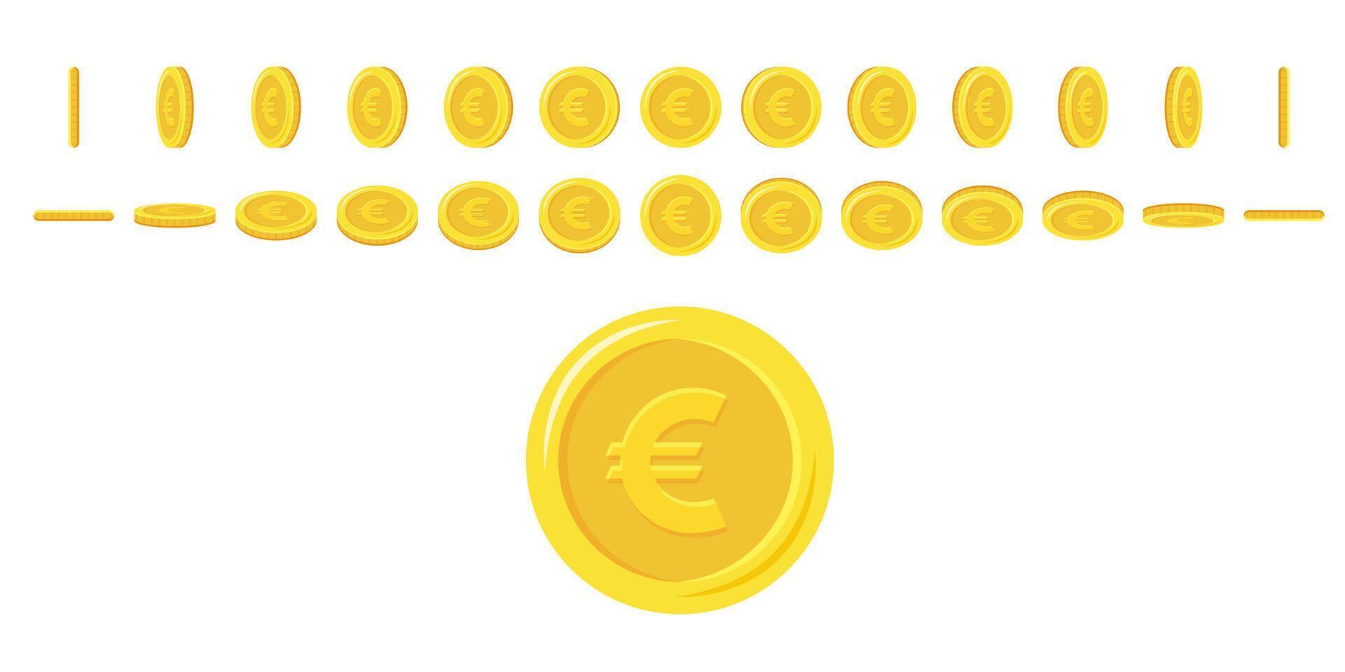 Euro monete rotante. impostato di rotazione oro monete a diverso angoli per animazione. piatto vettore illustrazione.